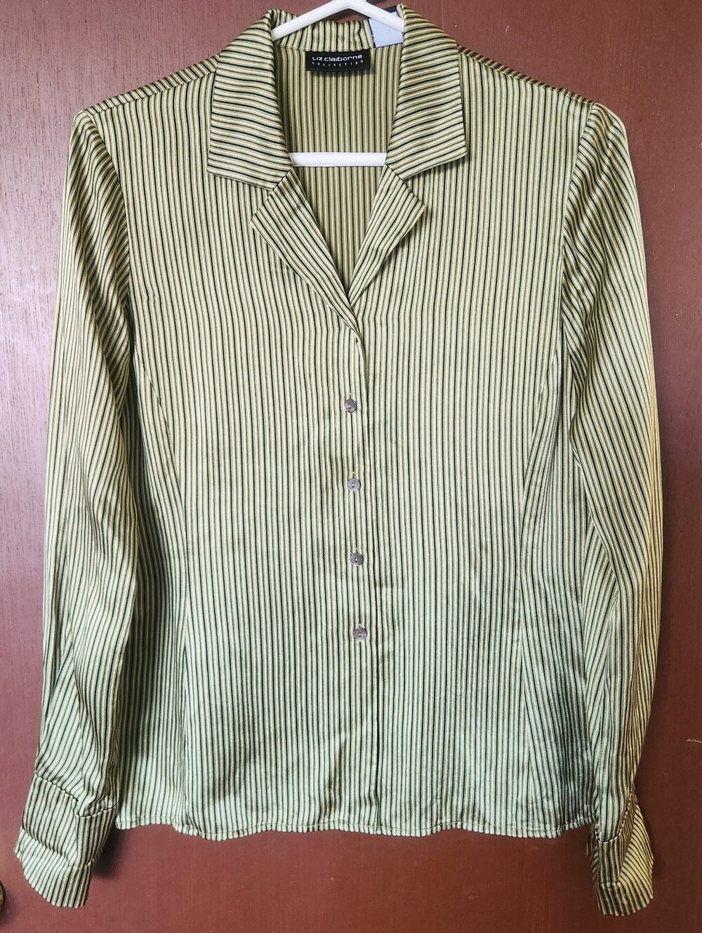 Vintage Green and Yellow Striped Silk Button Down Blouse